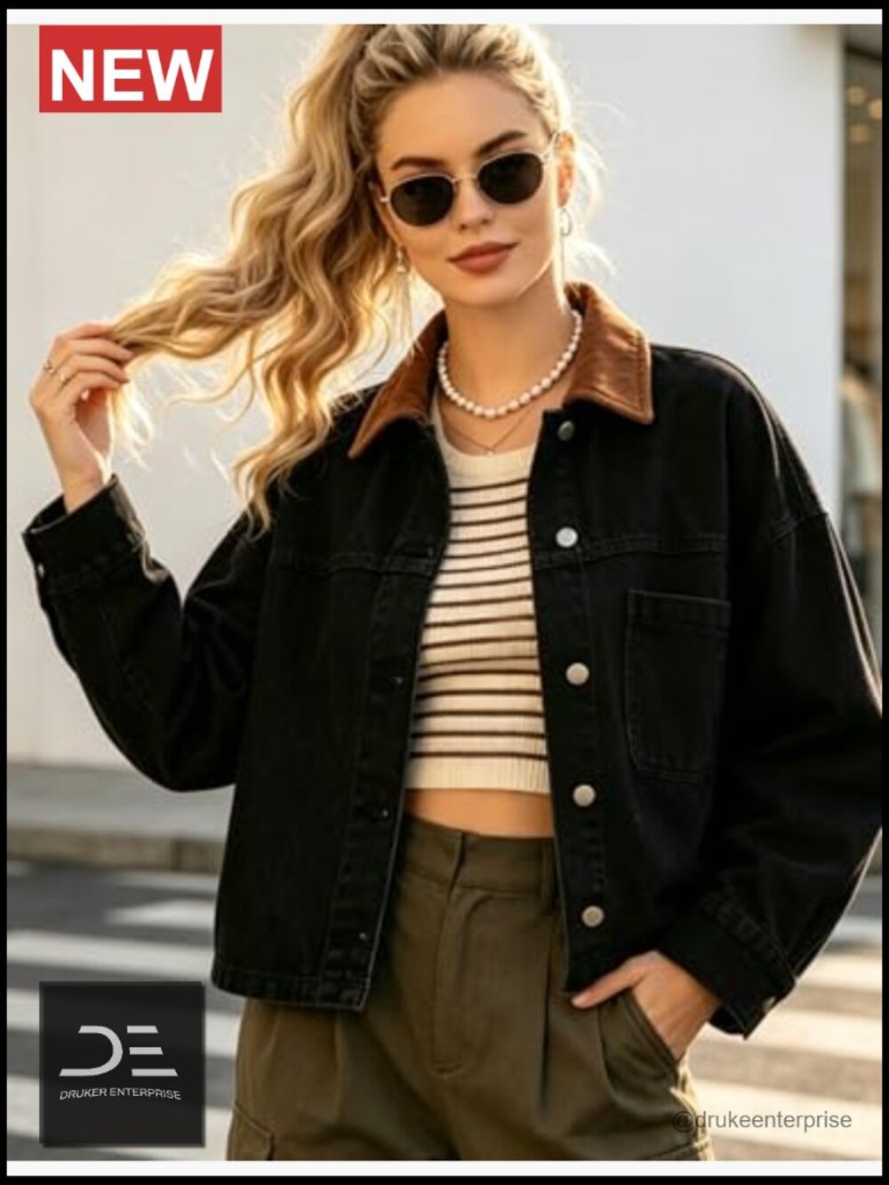 Cropped Oversized Denim Jacket Color Block Patchwork Long Sleeve Trucker Coat - Picture 3 of 7